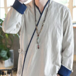 Buddha Stones Fall Colorblock Long Sleeve Shirt Linen Lace-up Men Clothing Men's Shirts BS 11