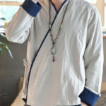 Buddha Stones Fall Colorblock Long Sleeve Shirt Linen Lace-up Men Clothing Men's Shirts BS 15