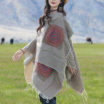 Buddha Stones Tibetan Geometric Round Mandala Pattern Tassels Shawl Fall Winter Cozy Scarf Wrap With Pockets Tibetan Shawl BS 30