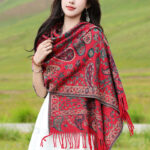 Buddha Stones Tibetan Cashew Flowers Leaves Vine Tassels Shawl Fall Winter Soft Cozy Scarf Wrap Tibetan Shawl BS Red 70*180cm