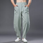 Buddha Stones Solid Color Cotton Ramie Linen Men's Elastic Waist Harem Pants With Pockets Men's Harem Pants BS 21