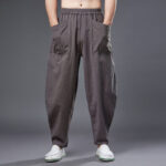 Buddha Stones Solid Color Cotton Ramie Linen Men's Elastic Waist Harem Pants With Pockets Men's Harem Pants BS 35