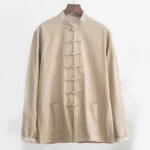 Buddha Stones 2Pcs Zen Tang Suit Men's Linen Frog-Button Long Sleeve Shirt Pants Set Men's Meditation Cloth BS 21