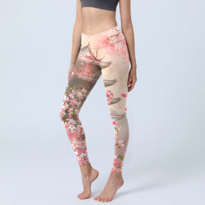 Buddha Stones Pink Sakura Antique Building Print Fitness Leggings Women's Yoga Pants - LavenderBlush - US18，UK/AU22，EU50 (4XL) - image 1