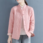 Buddha Stones Retro Flower Design Thermal Long Sleeve Cotton Linen Women's Shirt Women's Shirts BS Pink US8-10，UK/AU12-14，EU40-42 (2XL)