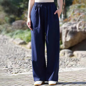 Buddha Stones Fall Winter Unisex Elastic Waist Tai Chi Qigong Practice Cotton Linen Fleece Lined Pants With Pockets Unisex Pants BS SteelBlue 3XL-FIT FOR US/UK/AU/EU-XL