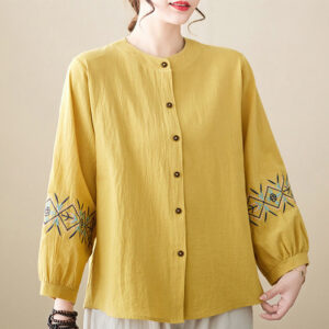 Buddha Stones Geometry Embroidery Long Sleeve Button Cotton Linen Women's Shirts Women's Shirts BS Yellow US12，UK/AU16，EU44 (3XL)