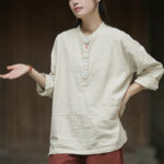 Buddha Stones Solid Color Long Sleeve Ramie Linen Half Button Women's Shirt Women's Shirts BS 20