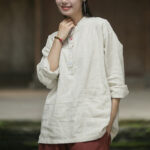 Buddha Stones Solid Color Long Sleeve Ramie Linen Half Button Women's Shirt Women's Shirts BS 14