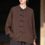 Buddha Stones Solid Color Two-color Frog-button Long Sleeve Ramie Linen Women's Shirt Women's Shirts BS SaddleBrown US4-12，UK/AU8-16，EU36-44 (F)