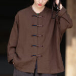 Buddha Stones Solid Color Two-color Frog-button Long Sleeve Ramie Linen Women's Shirt Women's Shirts BS 10
