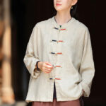 Buddha Stones Solid Color Two-color Frog-button Long Sleeve Ramie Linen Women's Shirt Women's Shirts BS 1