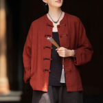 Buddha Stones Solid Color Two-color Frog-button Long Sleeve Ramie Linen Women's Shirt Women's Shirts BS 26
