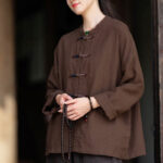 Buddha Stones Solid Color Two-color Frog-button Long Sleeve Ramie Linen Women's Shirt Women's Shirts BS 14