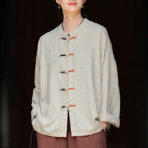 Buddha Stones Solid Color Two-color Frog-button Long Sleeve Ramie Linen Women's Shirt Women's Shirts BS Beige US4-12，UK/AU8-16，EU36-44 (F)
