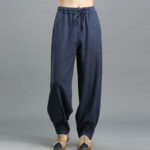 Buddha Stones Casual Plain Color Elastic Drawstring Ramie Linen Men's Pants With Pockets Men's Pants BS DarkBlue US/UK/AU38，EU48 (XL)