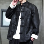 Buddha Stones Men's Frog-Button Tang Suit Bamboo Pattern Suede Cotton Jacket Shirt With Pockets Men's Jacket Shirt BS 1