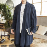 Buddha Stones Fall Simple Casual Loose Plain Linen Blend Men's Mid-length Coat Clothing Men's Coat BS SteelBlue US/UK/AU42，EU52 (3XL)