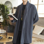 Buddha Stones Fall Simple Casual Loose Plain Linen Blend Men's Mid-length Coat Clothing Men's Coat BS 5