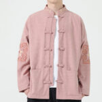 Buddha Stones Men's Frog-button Tang Suit Symmetrical Embroidery Cotton Corduroy Jacket Shirt With Pockets Men's Jacket Shirt BS Pink US/UK/AU46，EU56 (5XL)