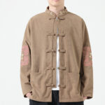 Buddha Stones Men's Frog-button Tang Suit Symmetrical Embroidery Cotton Corduroy Jacket Shirt With Pockets Men's Jacket Shirt BS Tan US/UK/AU46，EU56 (5XL)
