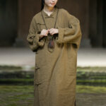 Buddha Stones Solid Color Frog-Button Long Sleeve Ramie Linen Cotton Midi Dress With Pockets Midi Dress BS 12
