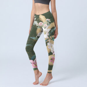 Buddha Stones Green Golden Snake Lily Peony Flowers Print Gym Leggings Women's Yoga Pants - DarkOliveGreen - US18，UK/AU22，EU50 (4XL) - image 1