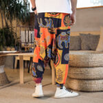 Buddha Stones Grid Flower Print Cotton Men's Harem Pants With Pockets Men's Harem Pants BS 19