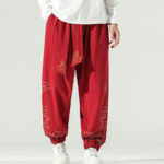 Buddha Stones Auspicious Clouds Cotton Linen Men's Drawstring Harem Pants With Pockets Men's Harem Pants BS Red US/UK/AU46，EU56 (5XL)