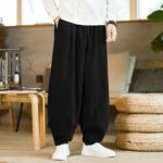 Buddha Stones Solid Color Cotton Linen Drawstring Men's Harem Pants With Pockets Men's Harem Pants BS Black US/UK/AU46，EU56 (5XL)