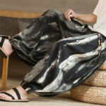 Buddha Stones Black White Ink Gradient Cotton Linen Braided Drawstring Men's Harem Pants With Pockets Men's Harem Pants BS 6