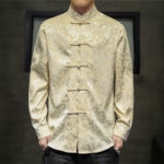 Buddha Stones Casual Dragon Pattern Frog-button Tang Suit Linen Men's Jacket Shirt Men's Jacket Shirt BS 39