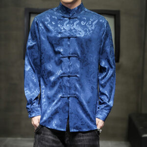 Buddha Stones Casual Dragon Pattern Frog-button Tang Suit Linen Men's Jacket Shirt Men's Jacket Shirt BS Blue US/UK/AU46，EU56 (5XL)