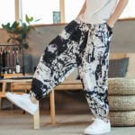 Buddha Stones Black White Ink Design Cotton Linen Drawstring Men's Harem Pants With Pockets Men's Harem Pants BS 3