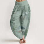 Buddha Stones Casual Bamboo Rock Ink Painting Women's Elastic Waist Harem Pants - DarkSeaGreen - US22，UK/AU26，EU54 (6XL) - image 8