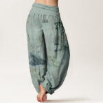 Buddha Stones Casual Bamboo Rock Ink Painting Women's Elastic Waist Harem Pants - image 10
