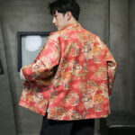 Buddha Stones Chinese New Year Clothes Ancient Figure Painting Solid Color Cuff Frog-button Tang Suit Cotton Men's Jacket Shirt With Pockets Men's Jacket Shirt BS 4