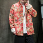 Buddha Stones Chinese New Year Clothes Ancient Figure Painting Solid Color Cuff Frog-button Tang Suit Cotton Men's Jacket Shirt With Pockets Men's Jacket Shirt BS 7