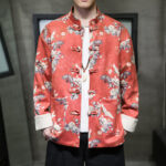 Buddha Stones Chinese New Year Clothes Flowers Fan Birds Frog-button Tang Suit Cotton Men's Jacket Shirt With Pockets - OrangeRed - US/UK/AU46，EU56 (5XL) - image 0