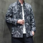 Buddha Stones Chinese New Year Jacquard Embroidery Dragon Lantern Frog-button Tang Suit Cotton Men's Jacket Shirt With Pockets Men's Jacket Shirt BS 18