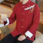Buddha Stones Chinese New Year Flying Crane Embroidery Frog-button Tang Suit Cotton Men's Jacket Shirt Men's Jacket Shirt BS 9
