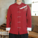 Buddha Stones Chinese New Year Flying Crane Embroidery Frog-button Tang Suit Cotton Men's Jacket Shirt Men's Jacket Shirt BS 2