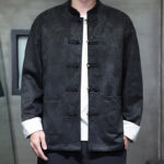 Buddha Stones Chinese New Year Kirin Print Frog-button Tang Suit Men's Jacket Shirt With Pockets Men's Jacket Shirt BS Black US/UK/AU46，EU56 (5XL)