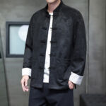 Buddha Stones Chinese New Year Kirin Print Frog-button Tang Suit Men's Jacket Shirt With Pockets Men's Jacket Shirt BS 18