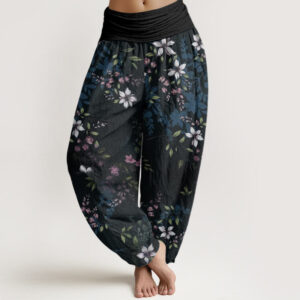 Buddha Stones Small White Blossoms Green Leaves Women's Elastic Waist Harem Pants - Black - US22，UK/AU26，EU54 (6XL) - image 1