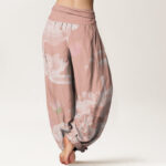 Buddha Stones Pink And White Lotus Women's Elastic Waist Harem Pants - image 2