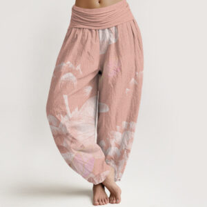 Buddha Stones Pink And White Lotus Women's Elastic Waist Harem Pants - DarkSalmon - US22，UK/AU26，EU54 (6XL) - image 1