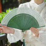 Buddha Stones Solid Color Dragonfly Tassel Handheld Mulberry Silk Bamboo Folding Fan Folding Fan BS 10