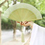 Buddha Stones Solid Color Dragonfly Tassel Handheld Mulberry Silk Bamboo Folding Fan Folding Fan BS 2