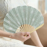 Buddha Stones Retro Large Flower Embroidery Shell Shape Tassels Handheld Bamboo Folding Fan Folding Fan BS CadetBlue Flowers 21cm
